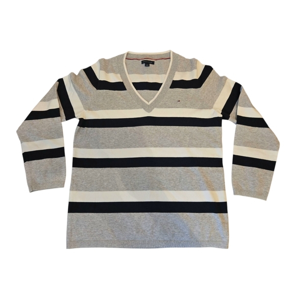 Tommy Hilfiger Sweaters - Tommy Hilfiger Striped V-Neck Knit Sweater Grey Navy White Size L